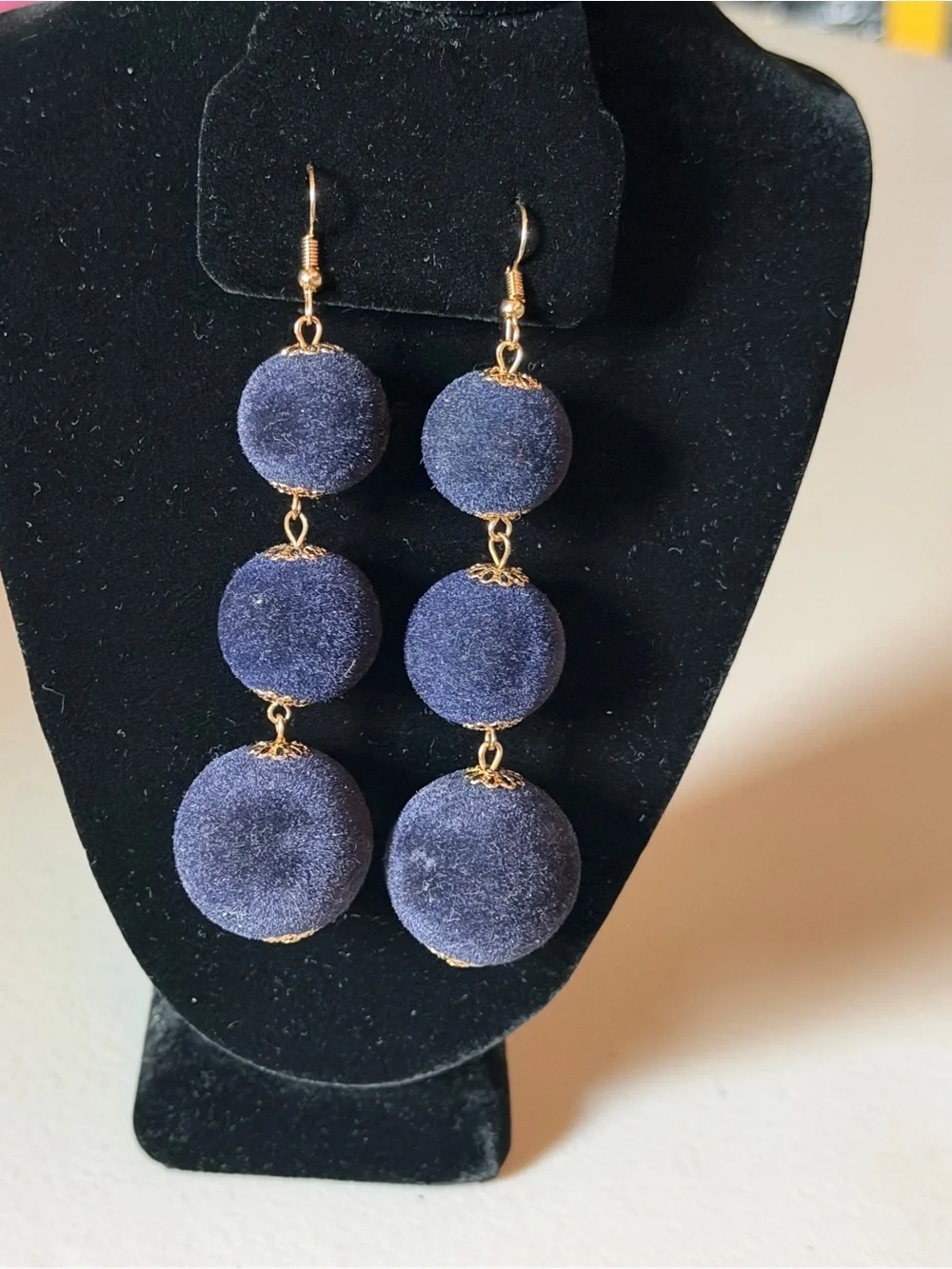Velvet Navy Blue Ball Drop Dangle Earrings - Navy Blue